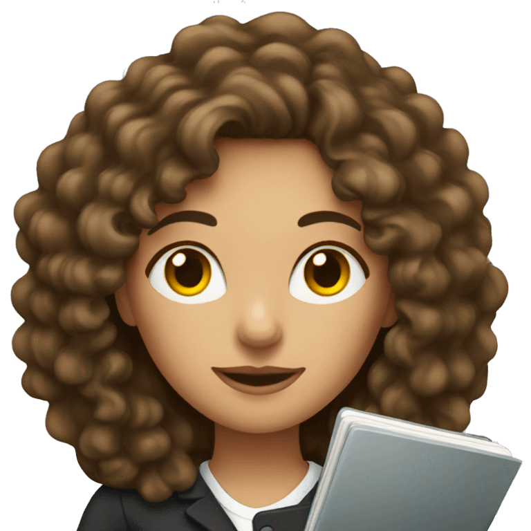 brunette woman with long curly hair working on notebook emoji