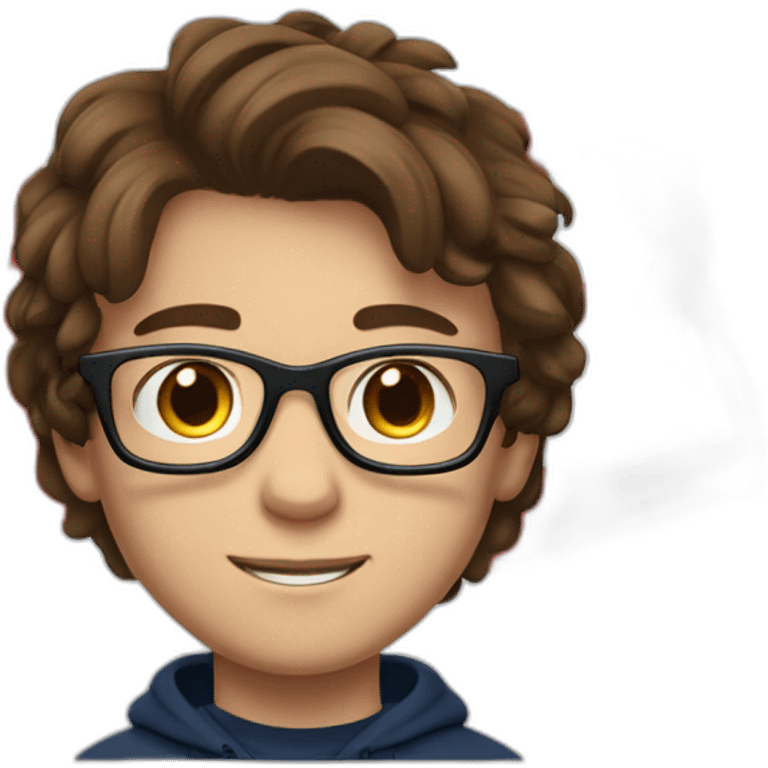 A teen with brown hair which rest on the left side of his head. He also wears black rectangular glasses. He also wears a dark blue hoodie with the letter ISZL and a swiss flag. emoji