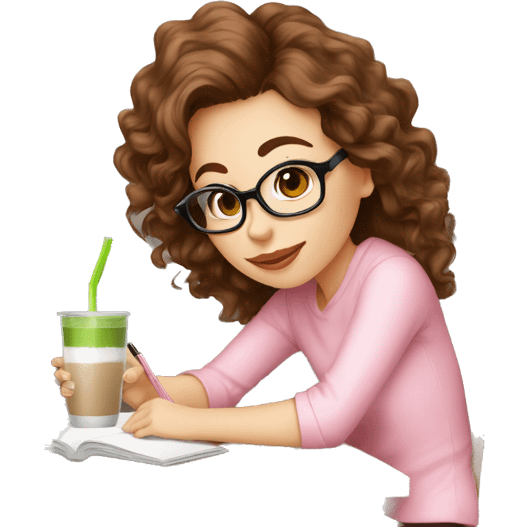 Pilates girl dressed in pink, with brown wavy hair and black glasses, drinking matcha latte and studying for Economics exam  emoji