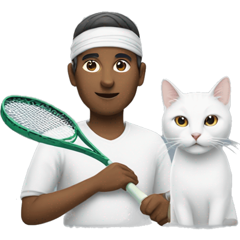 white cat and indian man holding a tennis racket  emoji