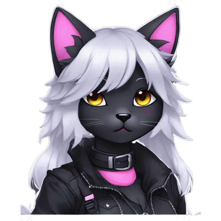 Gorgeous furry gothic dark techwear anime style anthro black cat furry sona Fakemon with blushing face aesthetic and pretty edgy black with collar and harness trending style emoji