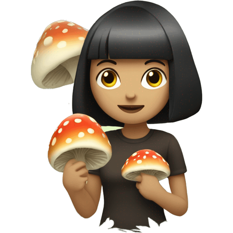 female with fair skin, dark bob and a fringe is picking up mushrooms in a forest emoji