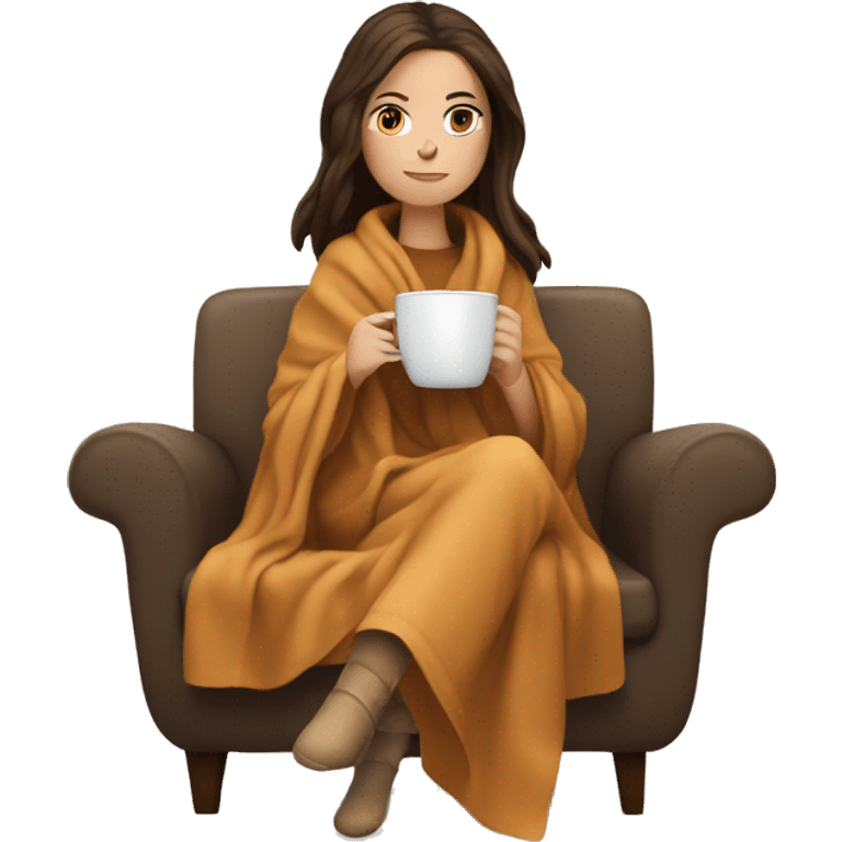 Brunette white girl covered in blanket autumn vibe sitting on a cozy chair holding coffee emoji