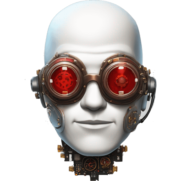 Bald cyborg head with red steampunk goggles, white five o’clock shadow, and circuits emoji