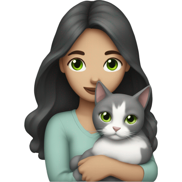  white woman with dark hair cuddling grey cat with green eyes  emoji