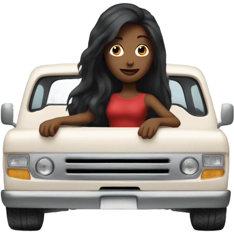 A white lady with long black hair, driving an older red pick up truck emoji