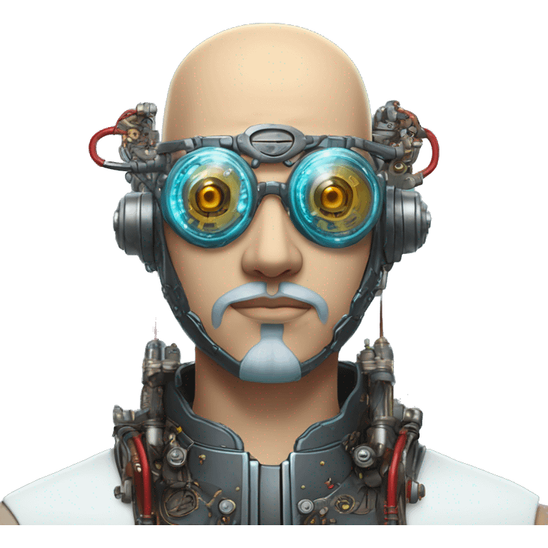  Bald Asian male cyborg head with light blue beard, red steampunk goggles and circuits emoji