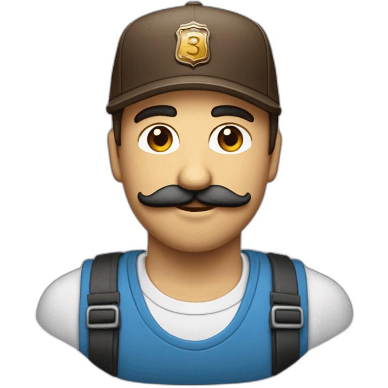 un développeur devant son ordinateur brun cheveux mi long une raie au milieux avec écouteur yeux bleus casquette et moustache peau normal emoji