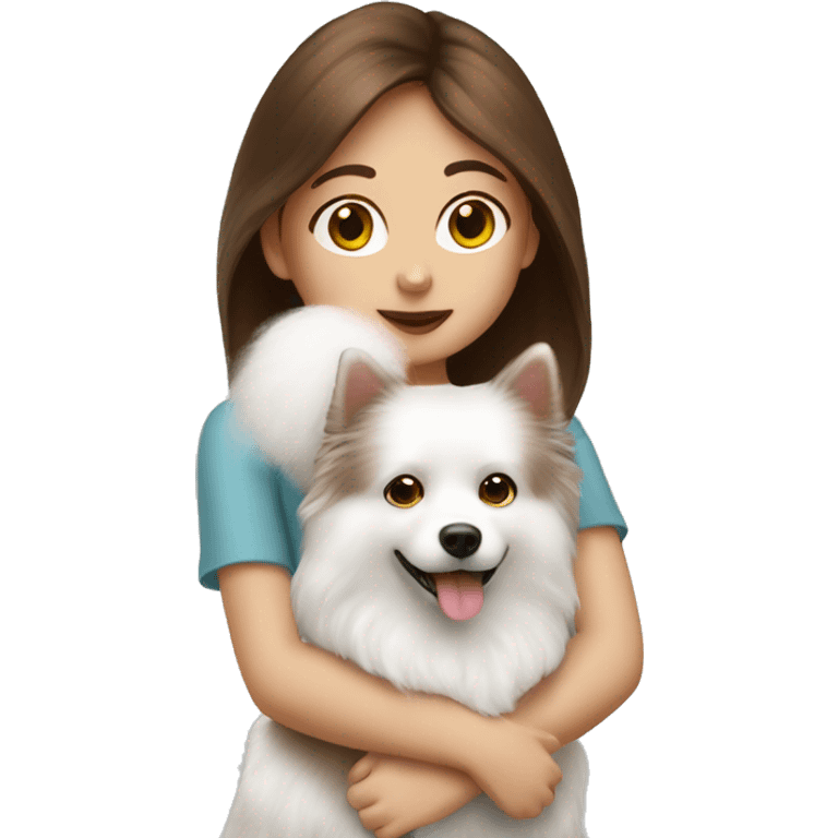 beautiful girl with brown hair kissing her white spitz dog emoji