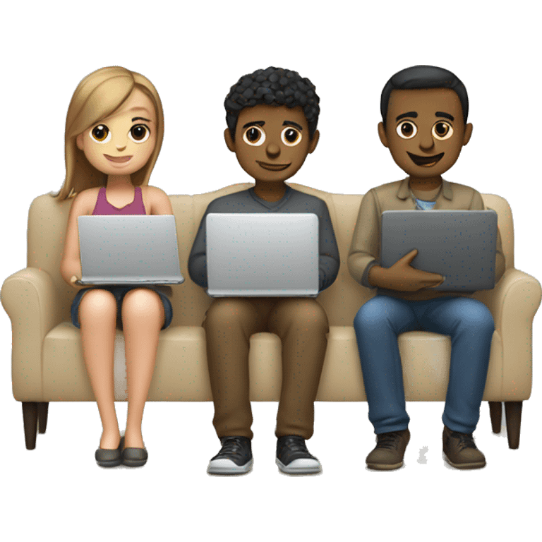 2 girl and 3 man each of them holding laptop and sit together  emoji