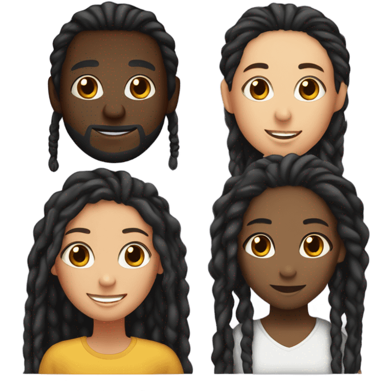 Black guy with long dreads, Spanish girl with dark hair, and while girl with dark hair having fun emoji