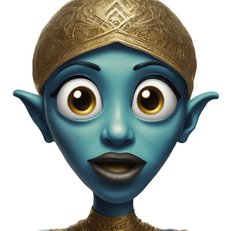 Alien in Aladdin style, oil paint, epic eyes, intricate lips, exquisite pose, beautiful, desirable, logical, Christian, Arabic emoji