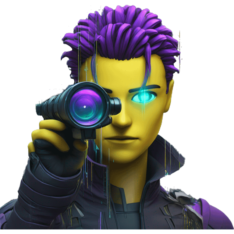 Secret human yellow emoji face agent with  cyberpunk elements with a spyglass scanning looking reviewing multicolor lines of code, cyan and purple colors, only upper body portrait emoji