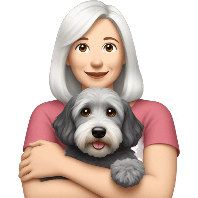 white middle age woman shoulder length hair with hugging my 8 pound Schnoodle  emoji