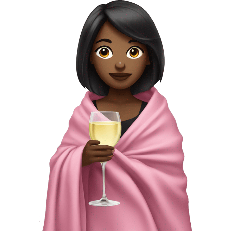 a girl with light skin and black hair and a glass of white wine wrapped in a pink blanket emoji