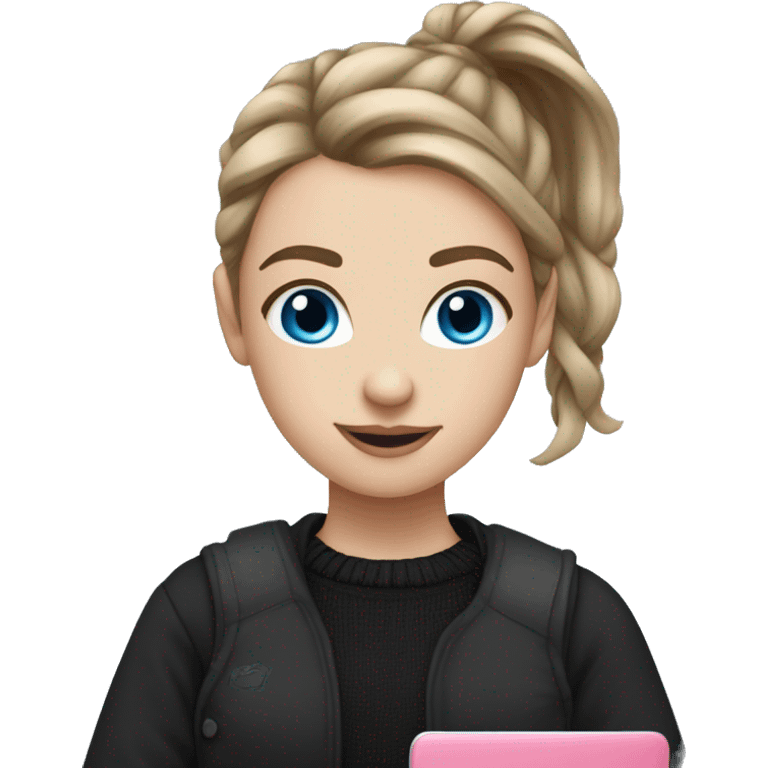 caucasian white IT girl student, holding pink laptop, blue eyes, brown hair ponytail wearing a thick black sweater emoji