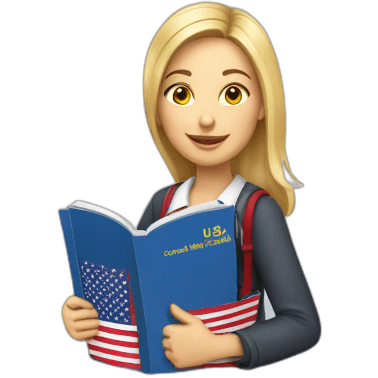 English teacher female with English book with Ukrainian flag  and usa flags emoji