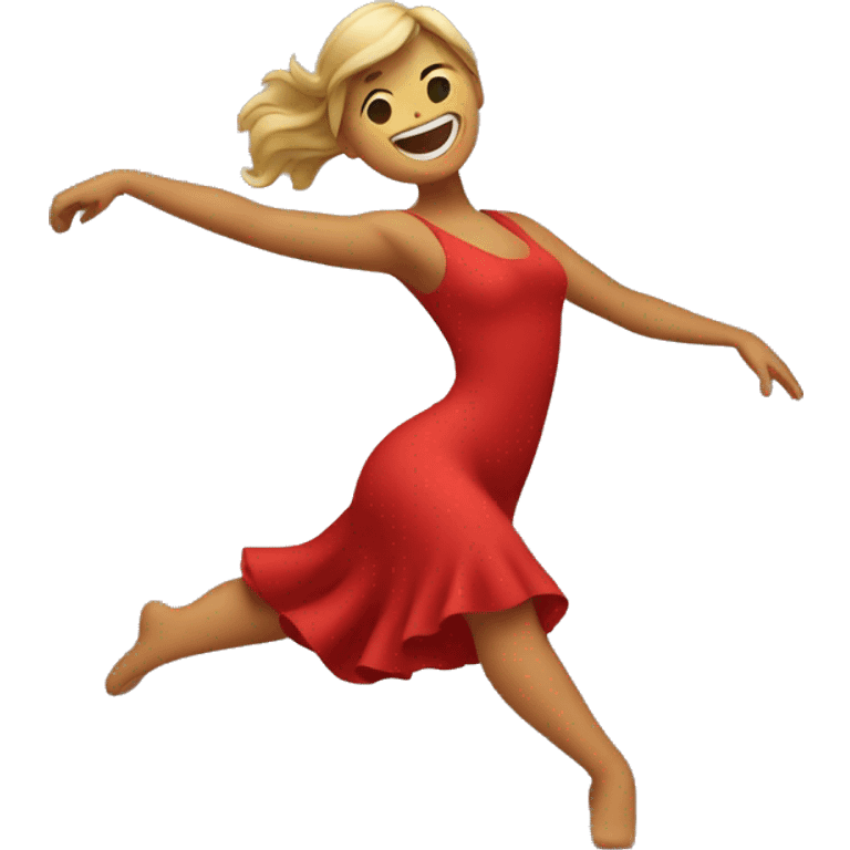 "An emoji of a woman dancing in a red dress with one arm raised and one leg bent, resembling the classic Apple dance emoji emoji