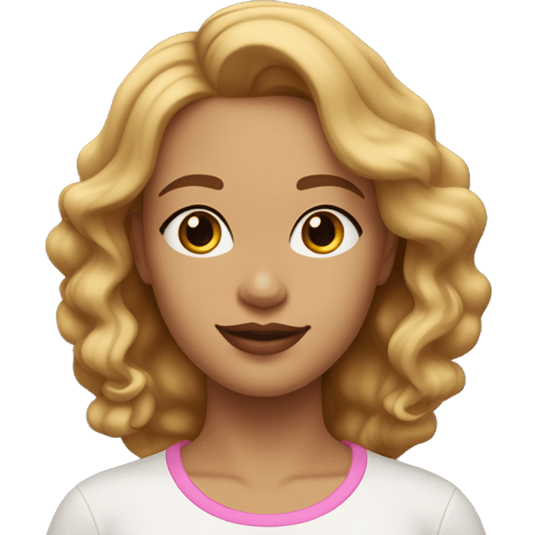 woman with wavy, medium-length honey blonde hair with highlights. She has a round face, light brown skin, thick arched eyebrows, dark brown eyes, and pink lipstick. She wears a white T-shirt, a delicate necklace, and small earrings. emoji