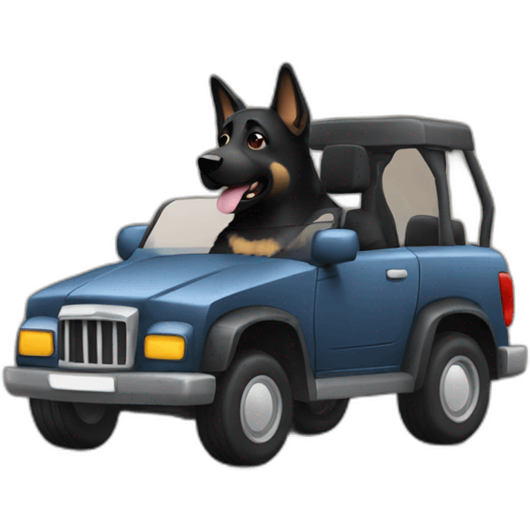 Black German shepherd driving car emoji