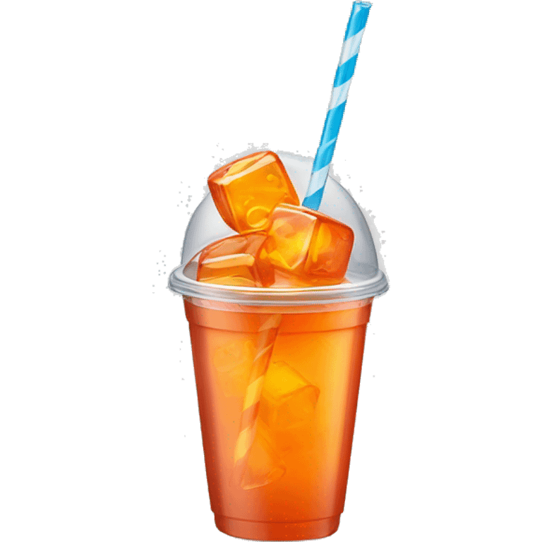 Realistic plastic cup and lid with Transluscent orange soda and large ice cubes inside and one straw through the top of the lid. emoji