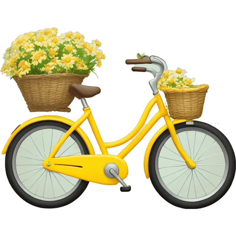 Yellow beach style bicycle with basket full of daisies emoji