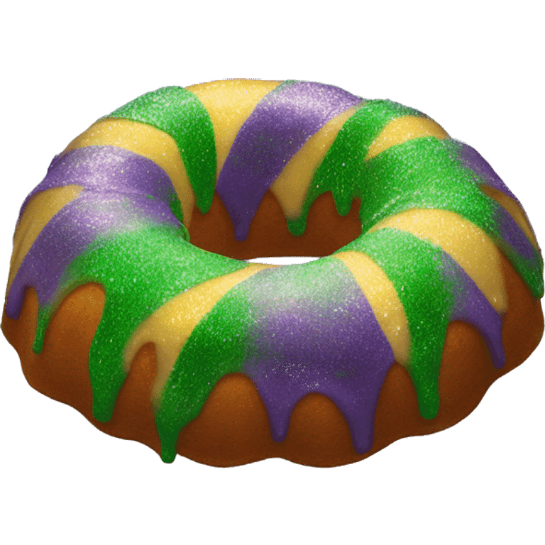 Realistic isolated flat mardi gras oval bundt king cake with glitter icing on top half of the cake. emoji