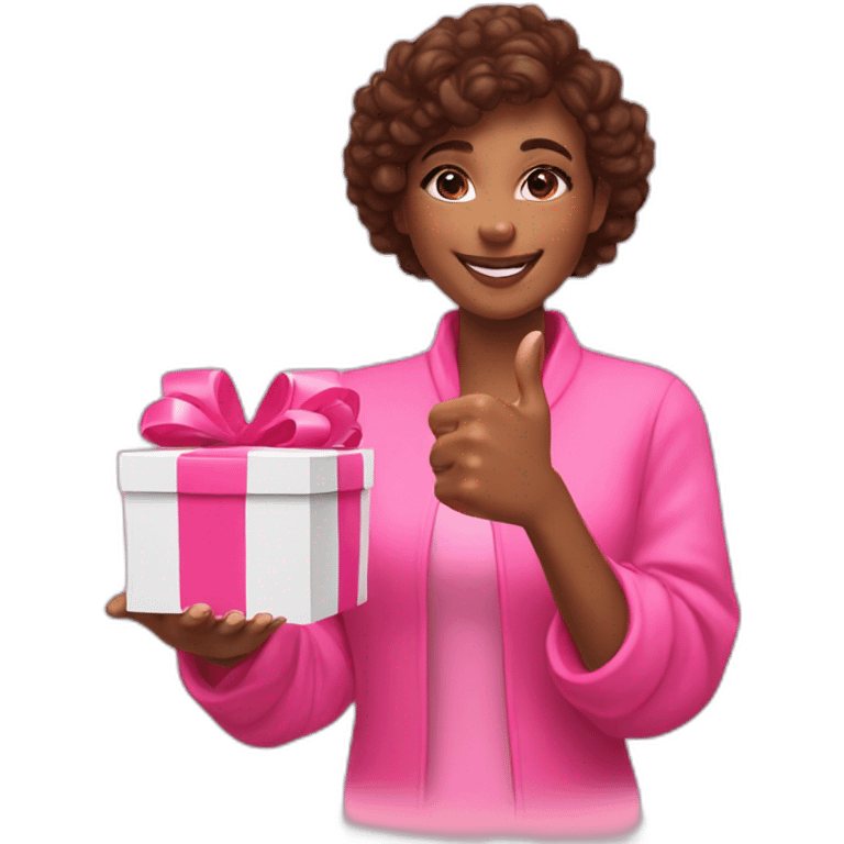 influencer promoting a pink gift box in her arms and thumb up emoji