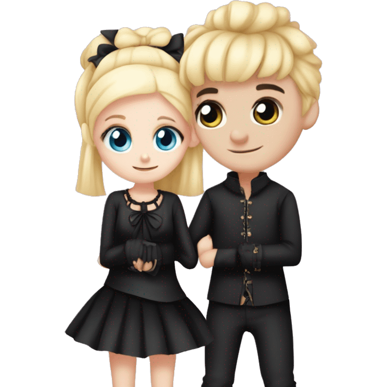 A boy and a girl cuddling the girl is short and the boy is tall the girl is blond and blue eyes with alot of pink and bows the boy is goth with black hait in a middle prt and pail skin he wear black emoji