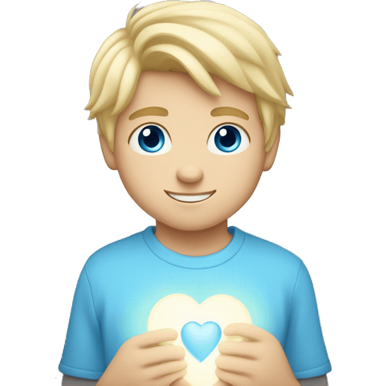 blonde blue eyed boy holding light blue heart emoji