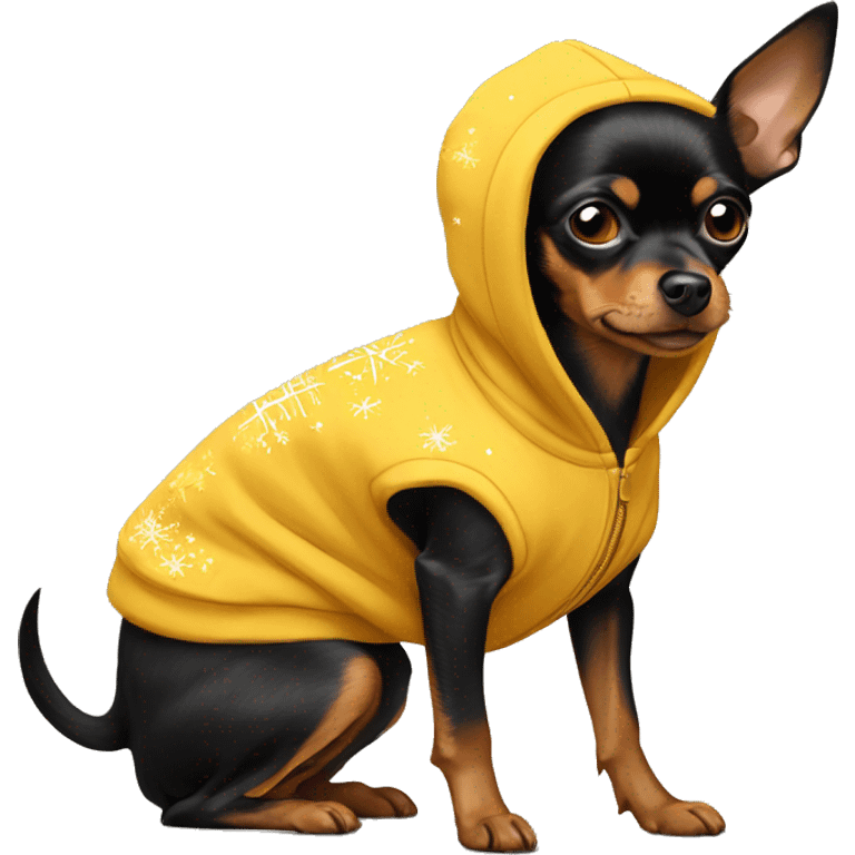 Russian toy-terrier wearing a New Year hoodie emoji