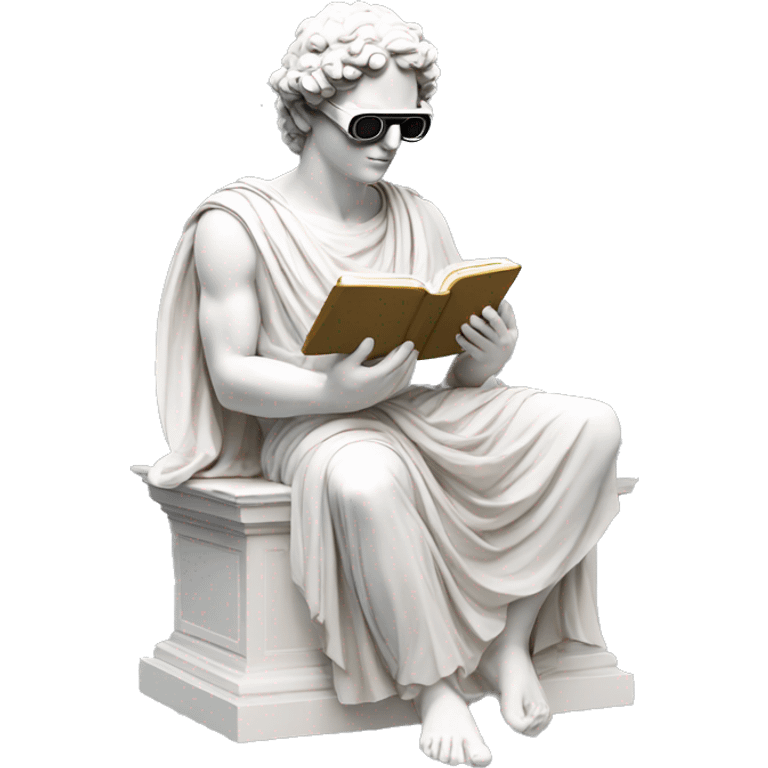 an EMOJI OF A ancient young greek statue reading a book, wearing VR glasses, white colors, DIGITAL UNIVERSE emoji