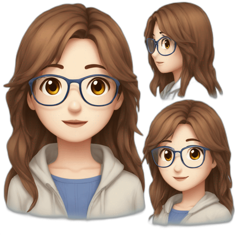 Girl with brown long hair blue glasses brown eyes freckles anime emoji