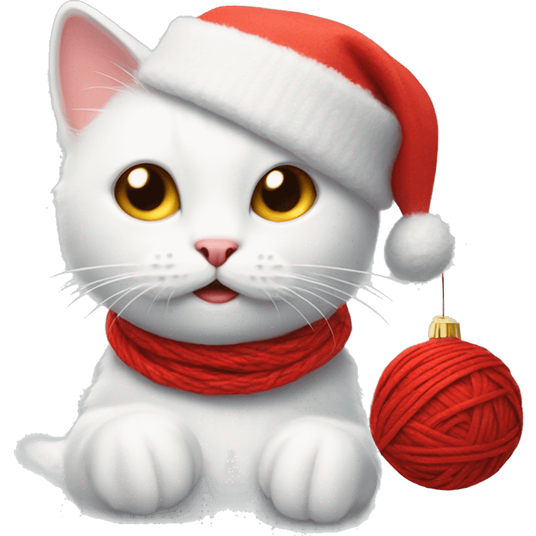 white cat with a christmas hat playing with a red ball of yarn emoji