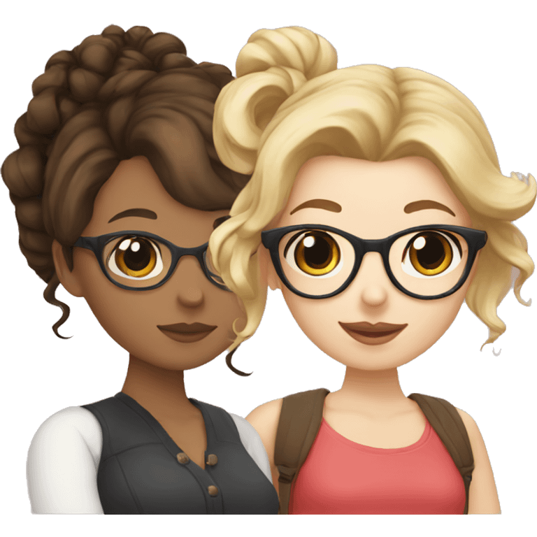 Blonde girl with glasses, brunette with curly hair and glasses and dark haired brunette with glasses and a bun emoji