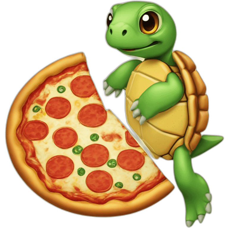 Une tortue ninga qui mange une pizza emoji