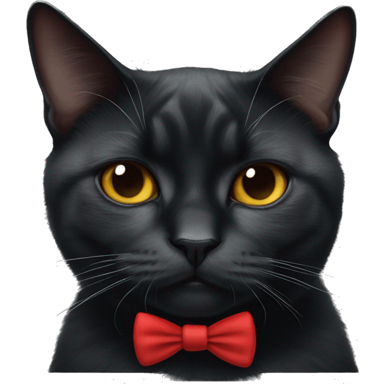 Grumpy black cat with white triangle marking only under the  chin ( nose is back, nose bridge is black) wearing a red bow tie  emoji