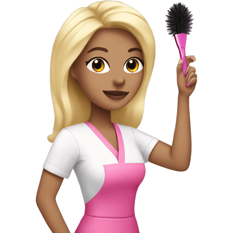 Blonde Esthetician wearing pink holding a fan brush emoji