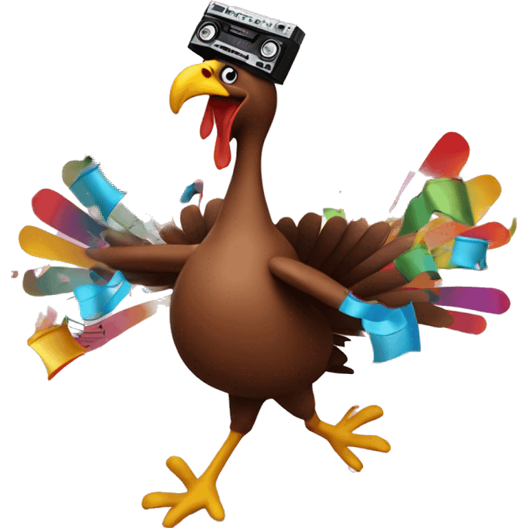 Dancing turkey with a boombox and music notes around it with confetti emoji