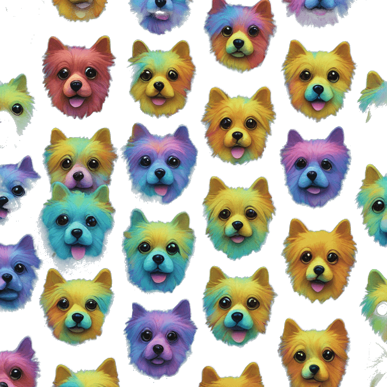 Multicolored rainbow retro groovy tie dye hippie trippy floral patterns on a metallic holographic iridescent blue dog face head emoji