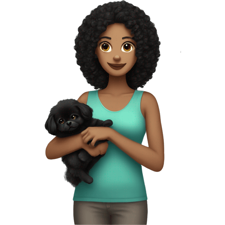 White Woman with black curly hair holding black pomeranian emoji