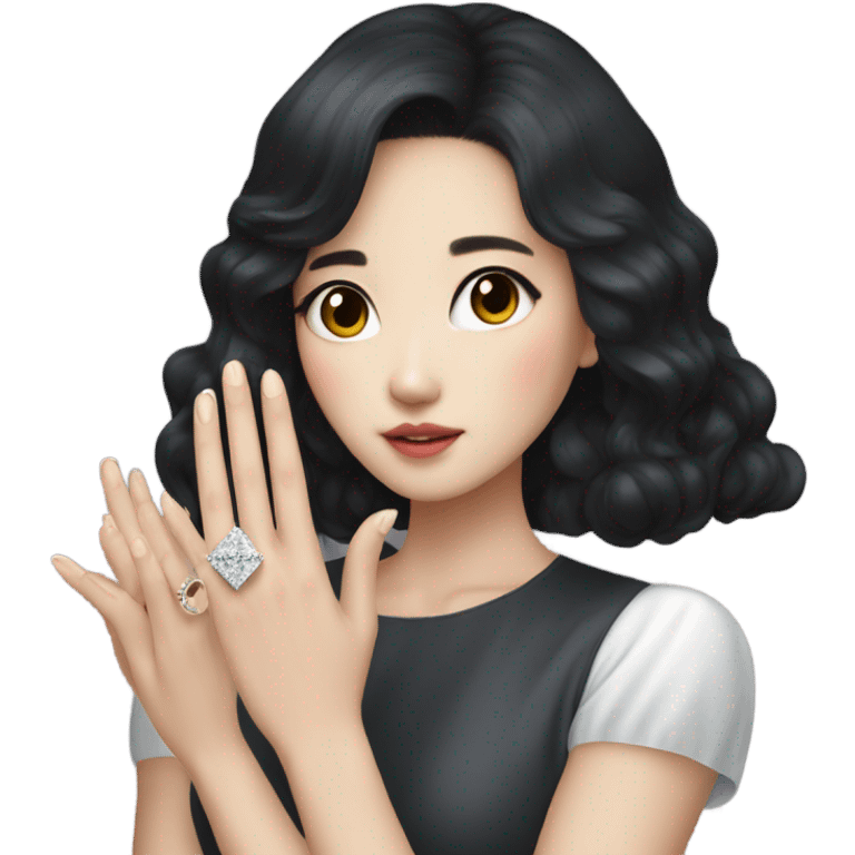 Dark hair Korean girl wearing huge diamond ring on finger emoji