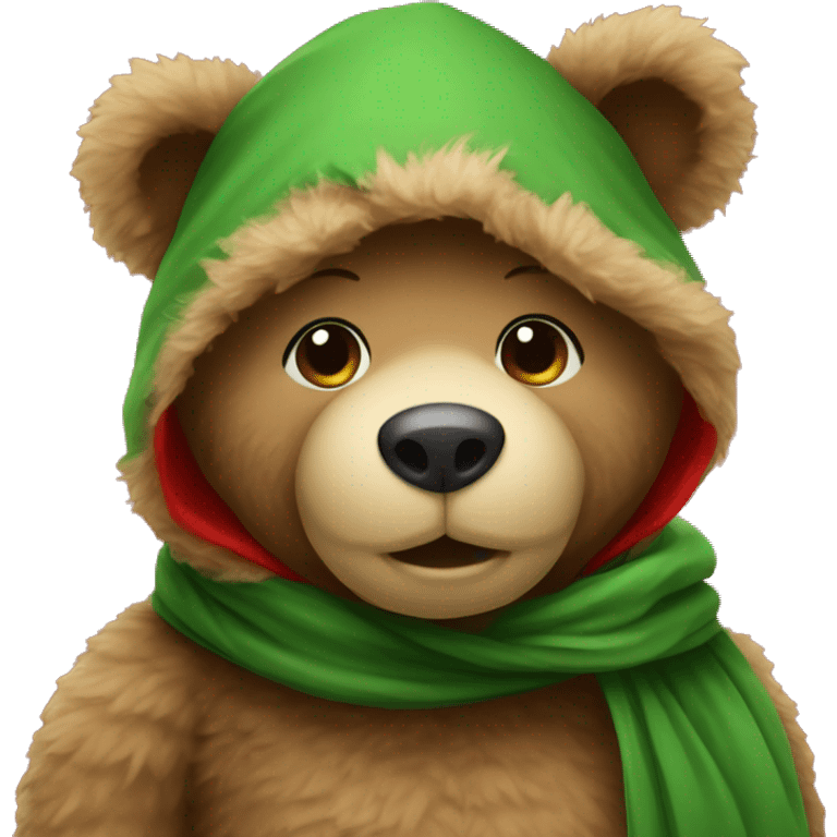 Teddy bear with hood and green-red scarf emoji