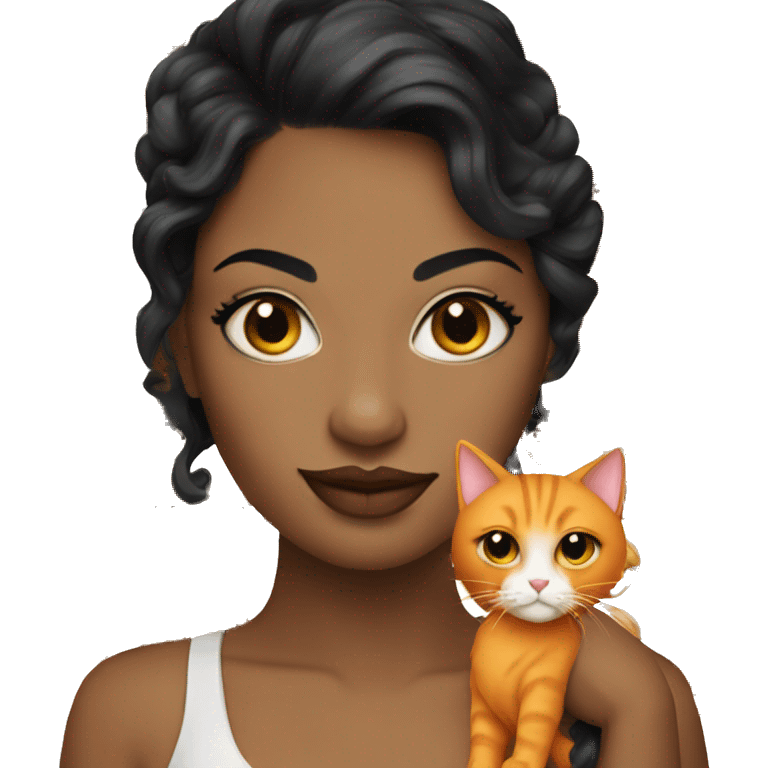 White Woman with Black Wavy Hair and Glam Makeup holding an Orange Cat emoji