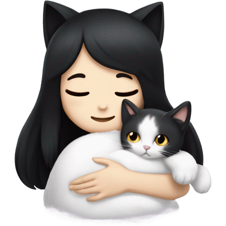 Black hair and white girl snuggling white fold ear cat emoji