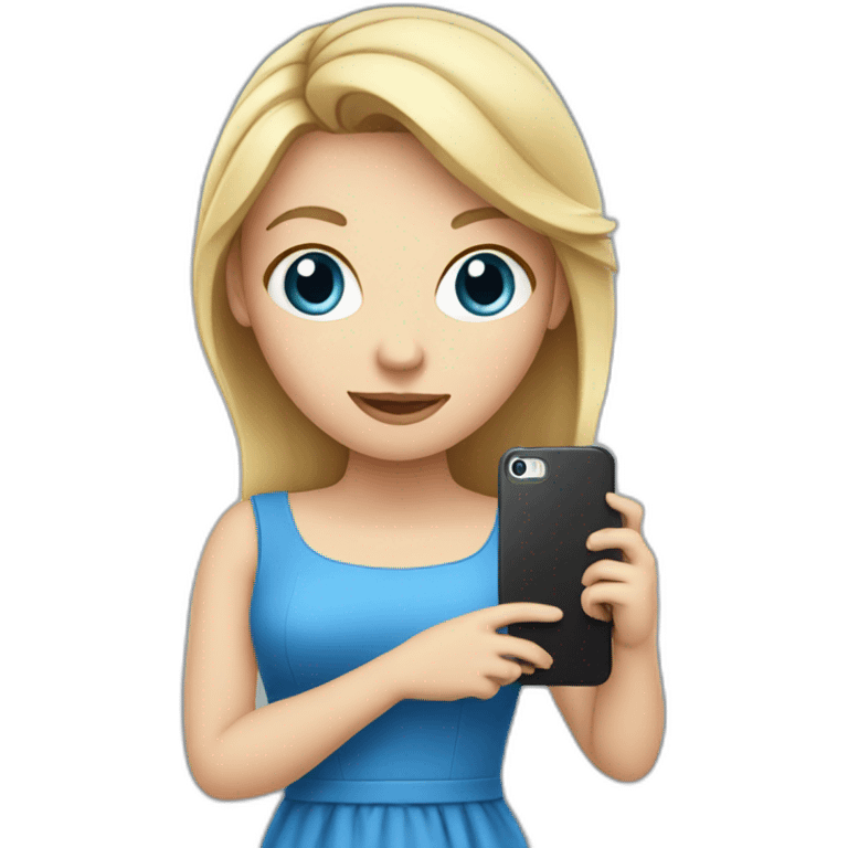 white girl in a blue dress holdind a cellphone emoji