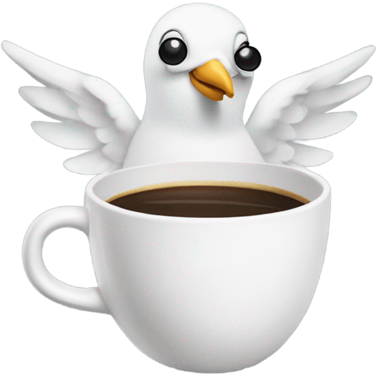 A dove in black sunglasses holding a cup of coffee in its wing, looking like it just woke up. emoji