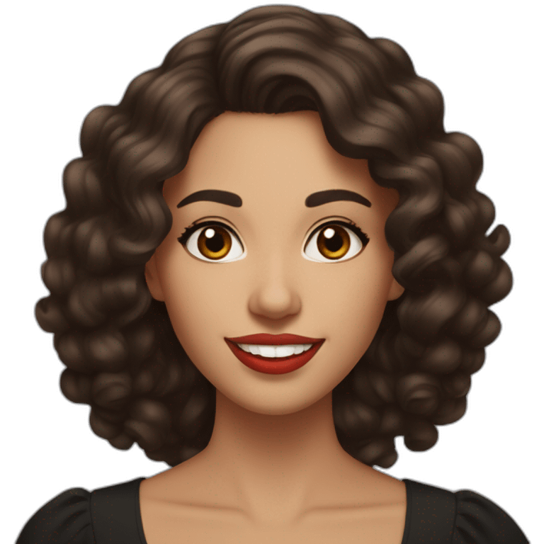 young moroccan woman with dark brown eyes, brown long curling hair with lighter tips, red lips, big smile, black dress emoji