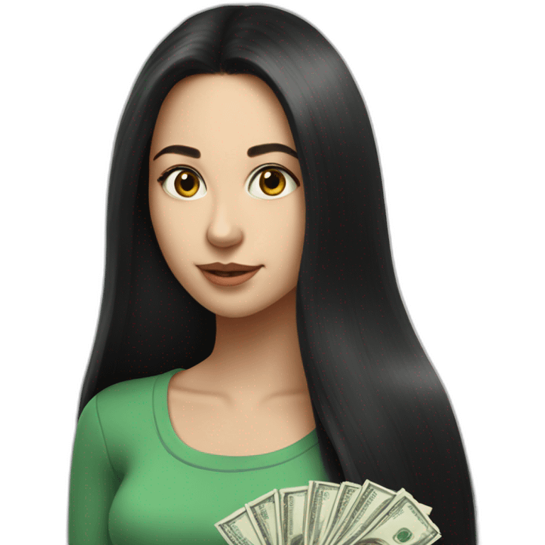 hyperrealist caucasian girl black long hair holding money emoji