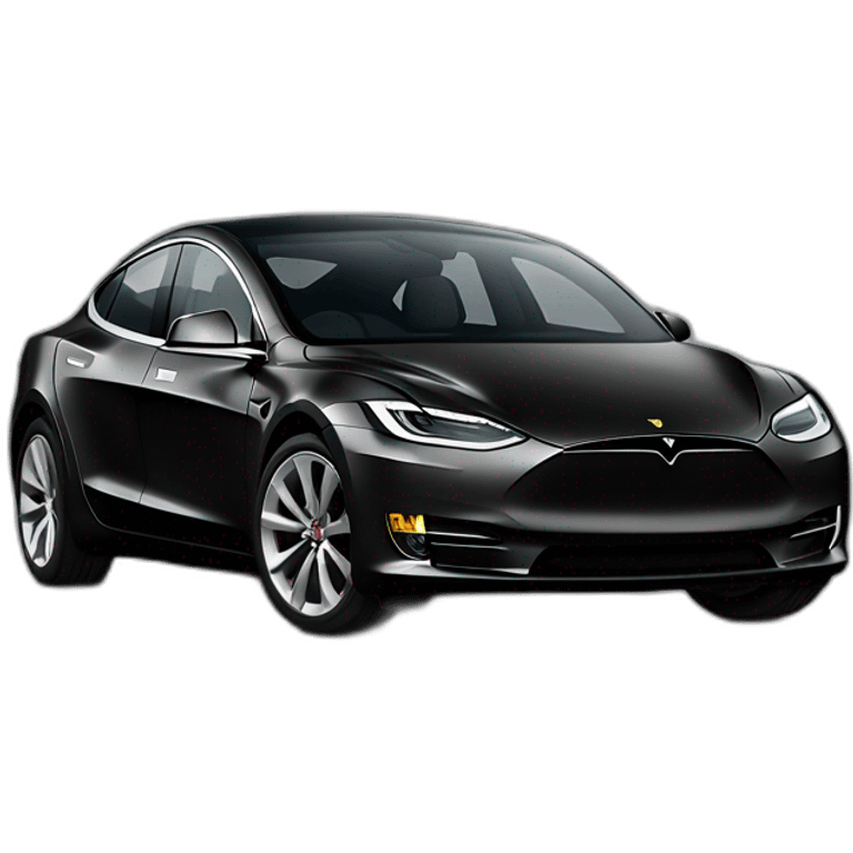 small-cartoonish-middle-age-lean-white-man,without beard or moustache,-with-black-hair-&-glasses-wearing-black-Tesla-T-shirt,-inside-black-tesla-model-3, full car front view emoji